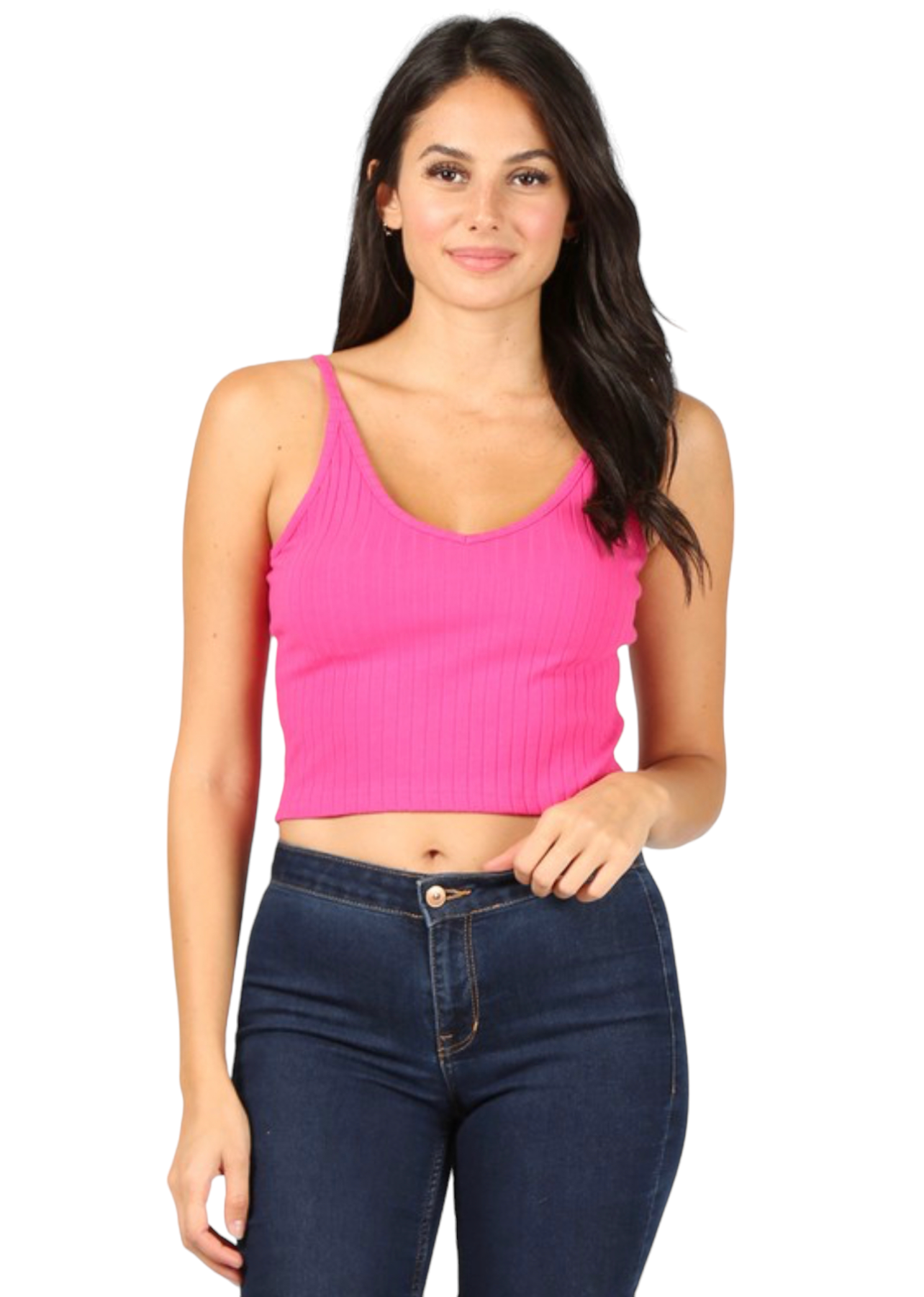 Pink Ribbed Crop V-Neck Tank Top