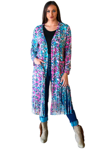 Leopard Tie Dye Long Sleeve Fringe Duster