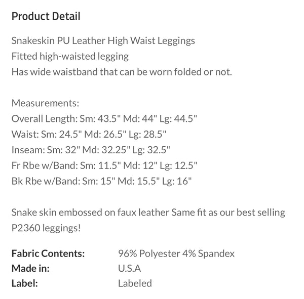 Embossed Snake Skin PU Leather High Waist Legging