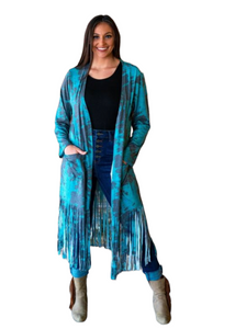 Grey Teal Tie Dye Long Sleeve Fringe Duster