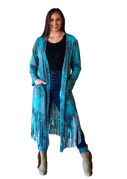 Grey Teal Tie Dye Long Sleeve Fringe Duster