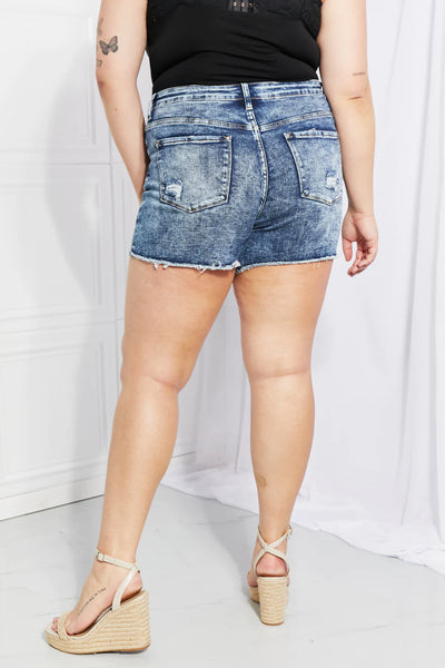 High Rise Acid Wash Raw Hem Denim Shorts