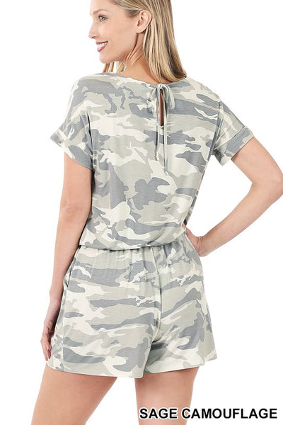 CAMOUFLAGE SHORT SLEEVE ROMPER WITH POCKETS